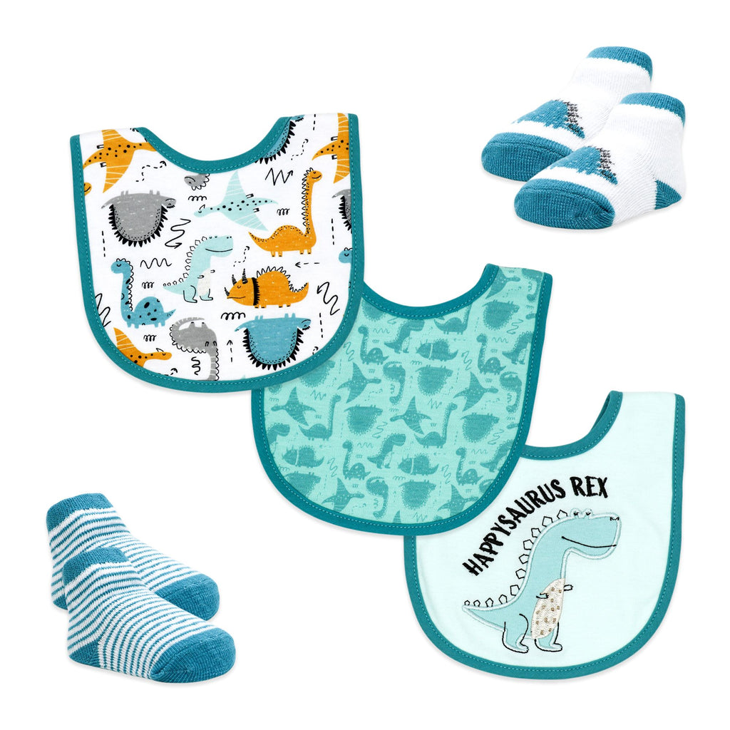 Dinosaur Baby Bibs and Socks Set – 3 Bibs + 2 Pairs Socks, Soft Cotton Blend