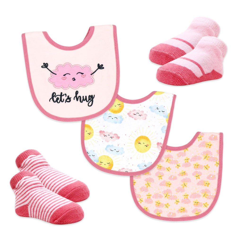 Pink Cloud & Sun Baby Bibs and Socks Set – 3 Bibs + 2 Pairs Socks, Soft Cotton Blend