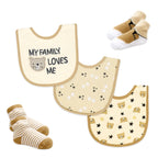 Bear Print Baby Bibs & Socks Set – 3 Bibs + 2 Socks, Soft Cotton Blend