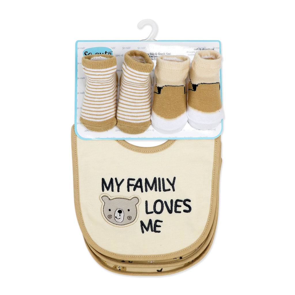 Bear Print Baby Bibs & Socks Set – 3 Bibs + 2 Socks, Soft Cotton Blend