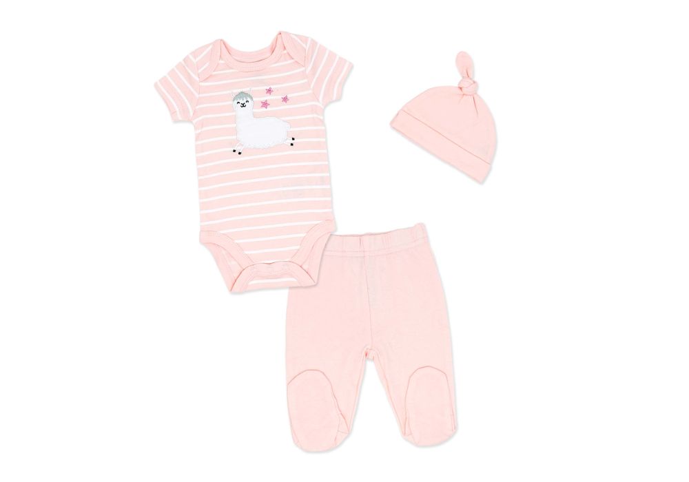 Ensemble bébé 3 pièces lama rose - 100 % coton