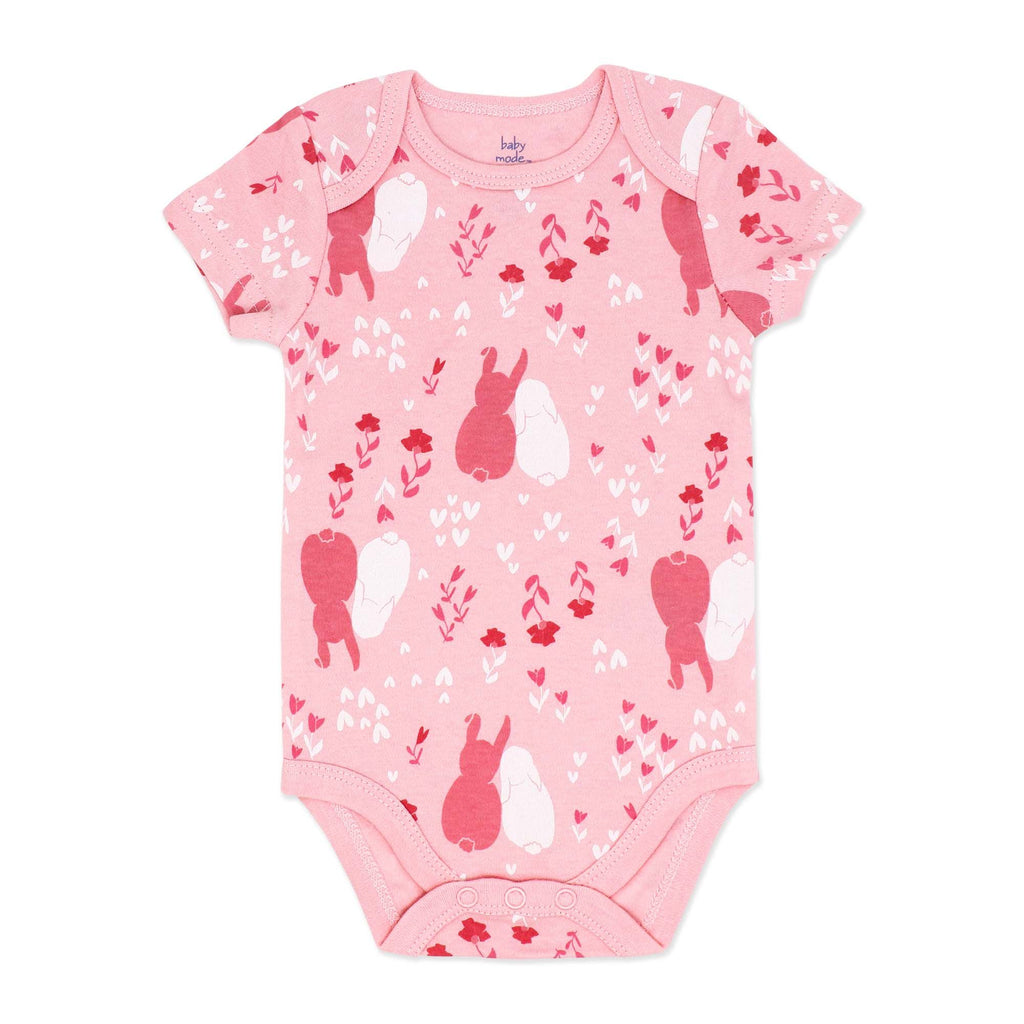 Body bébé imprimé lapin rose – 100 % coton à manches courtes