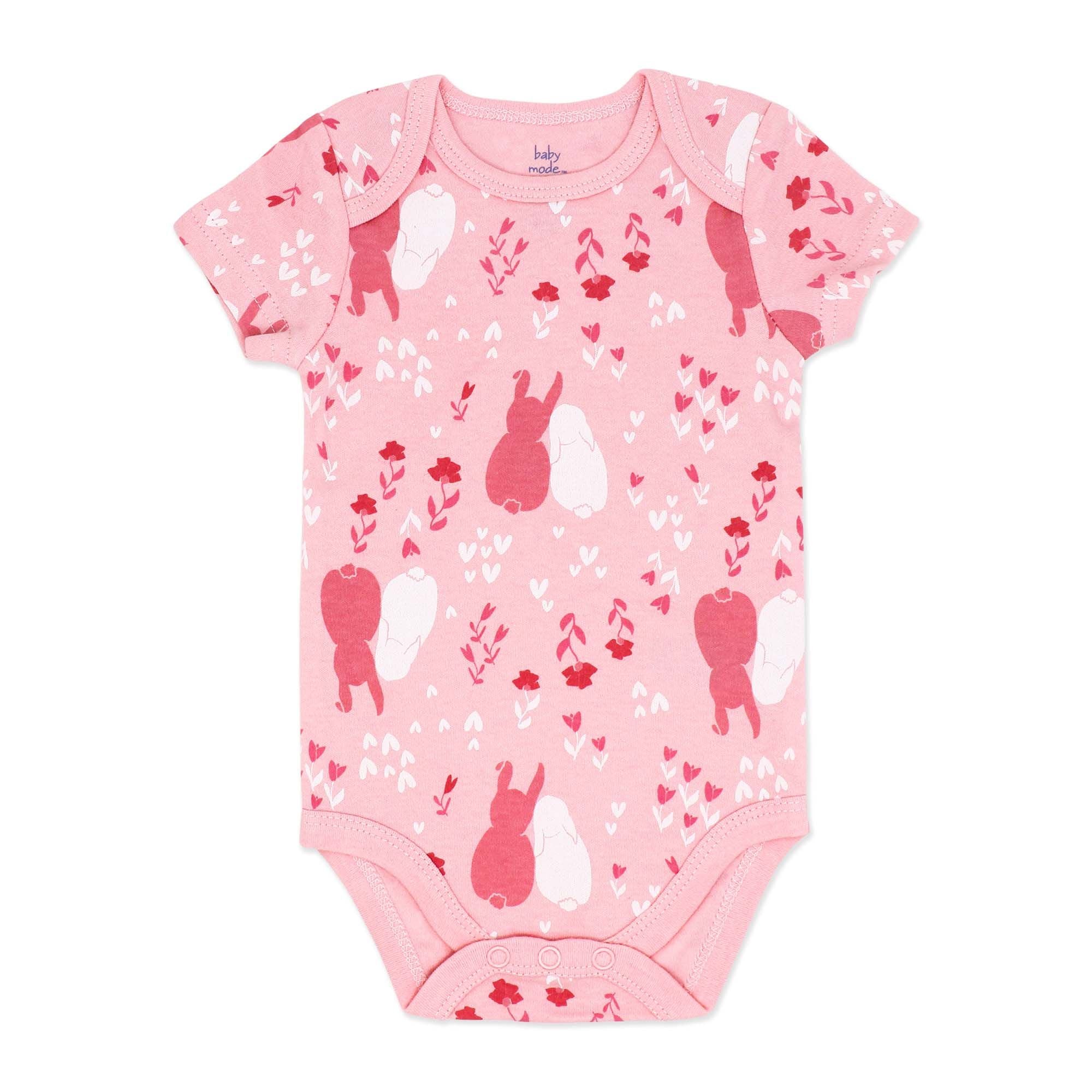 Body bébé imprimé lapin rose – 100 % coton à manches courtes