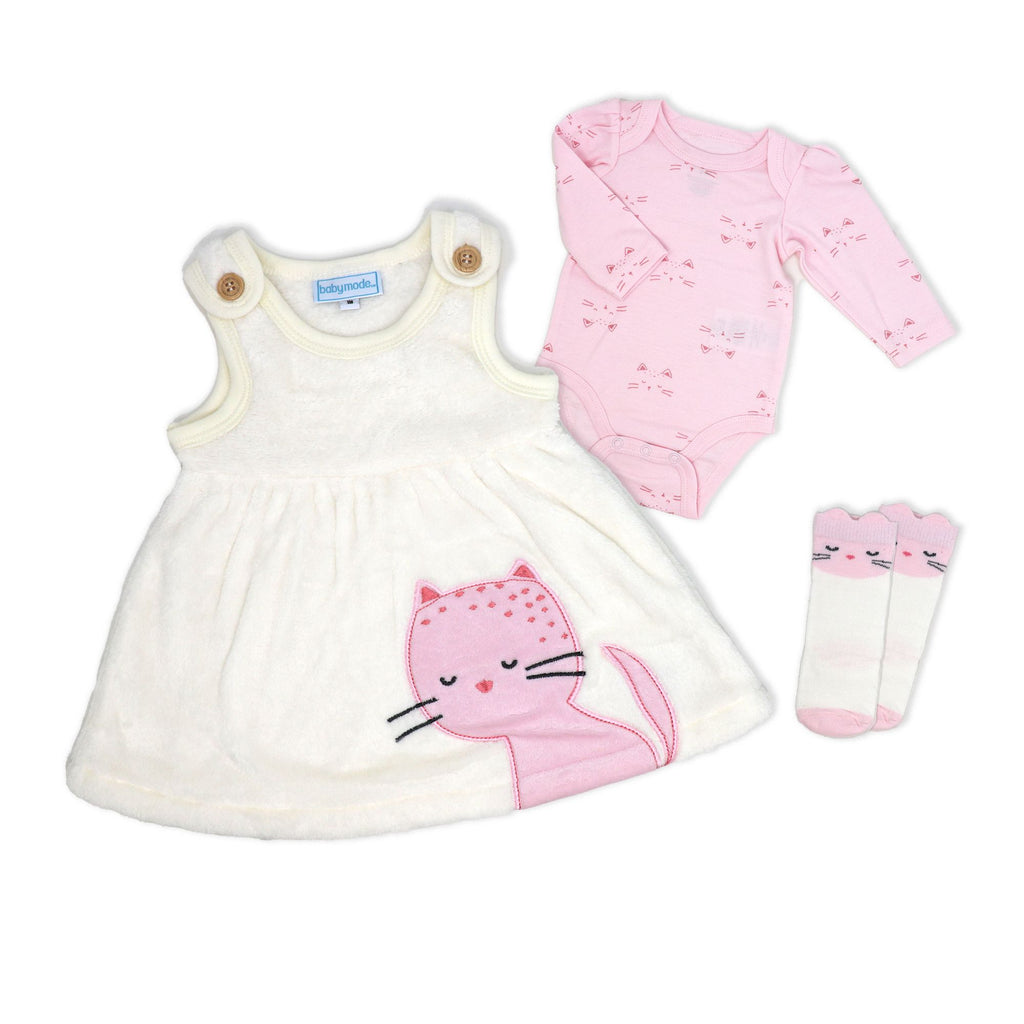 Kitten Dress, Bodysuit & Socks Baby Girl Outfit Set