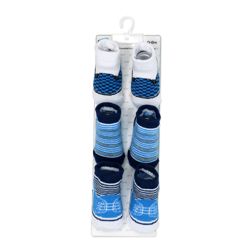 Blue Baby Crew Socks 3 Pairs – Checks & Stripes (0–6 Months)