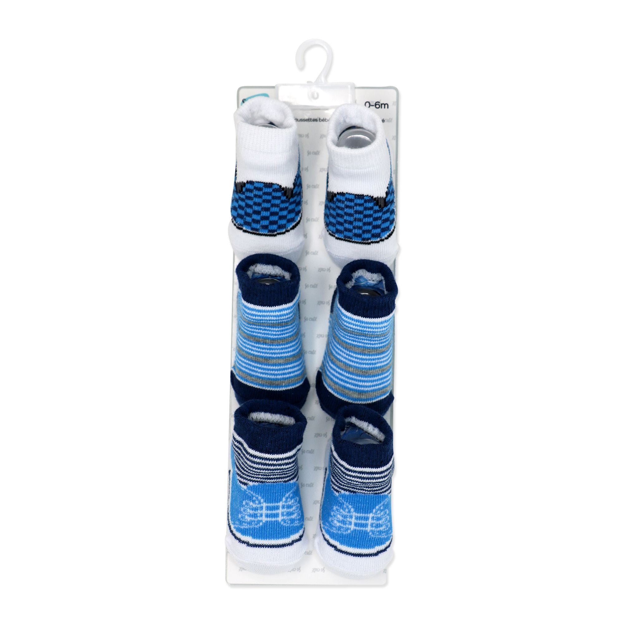 Blue Baby Crew Socks 3 Pairs – Checks & Stripes (0–6 Months)