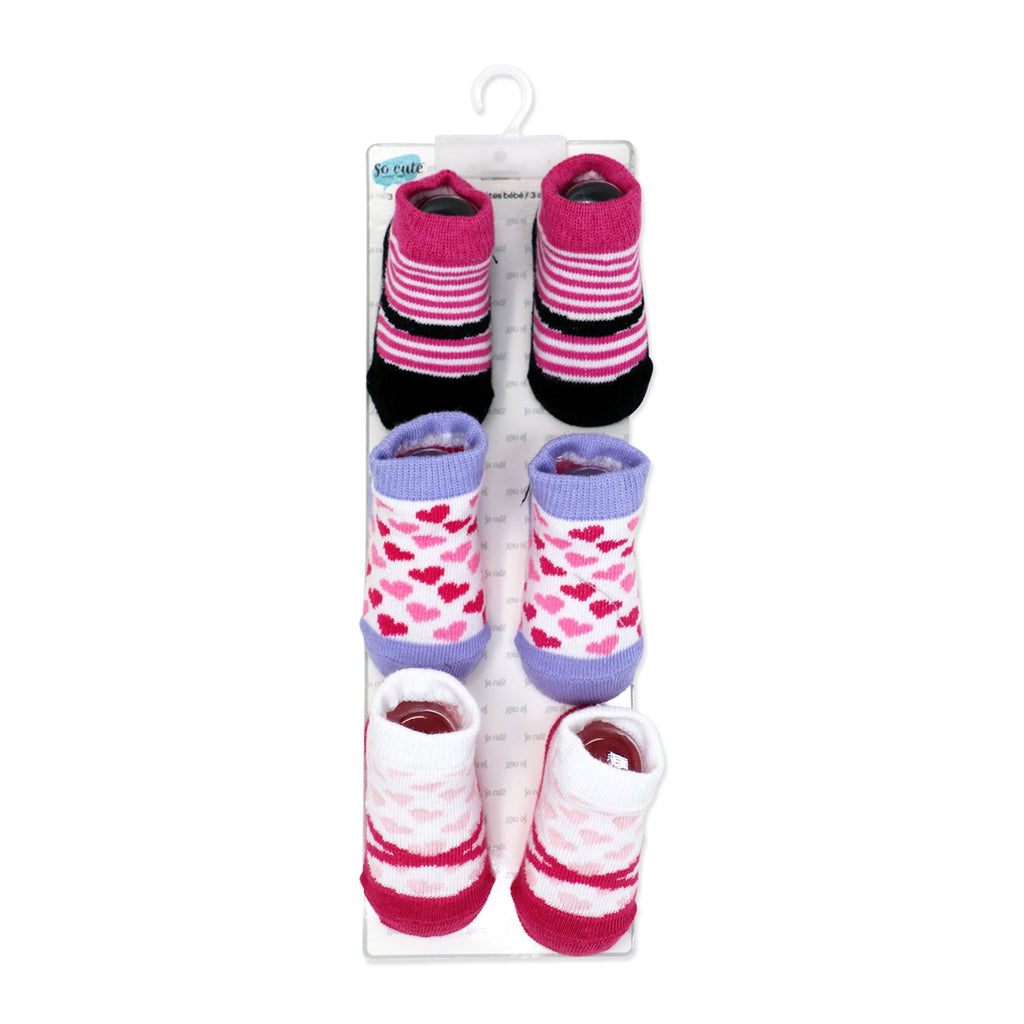 Pink Baby Crew Socks 3 Pairs – Hearts & Stripes (0–6 Months)