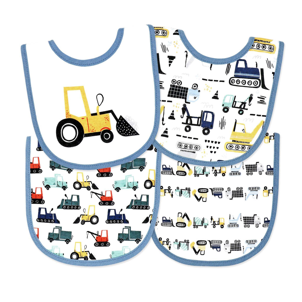 Construction Trucks Baby Bibs 4-Pack – Soft Cotton Blend Feeding Bib Set