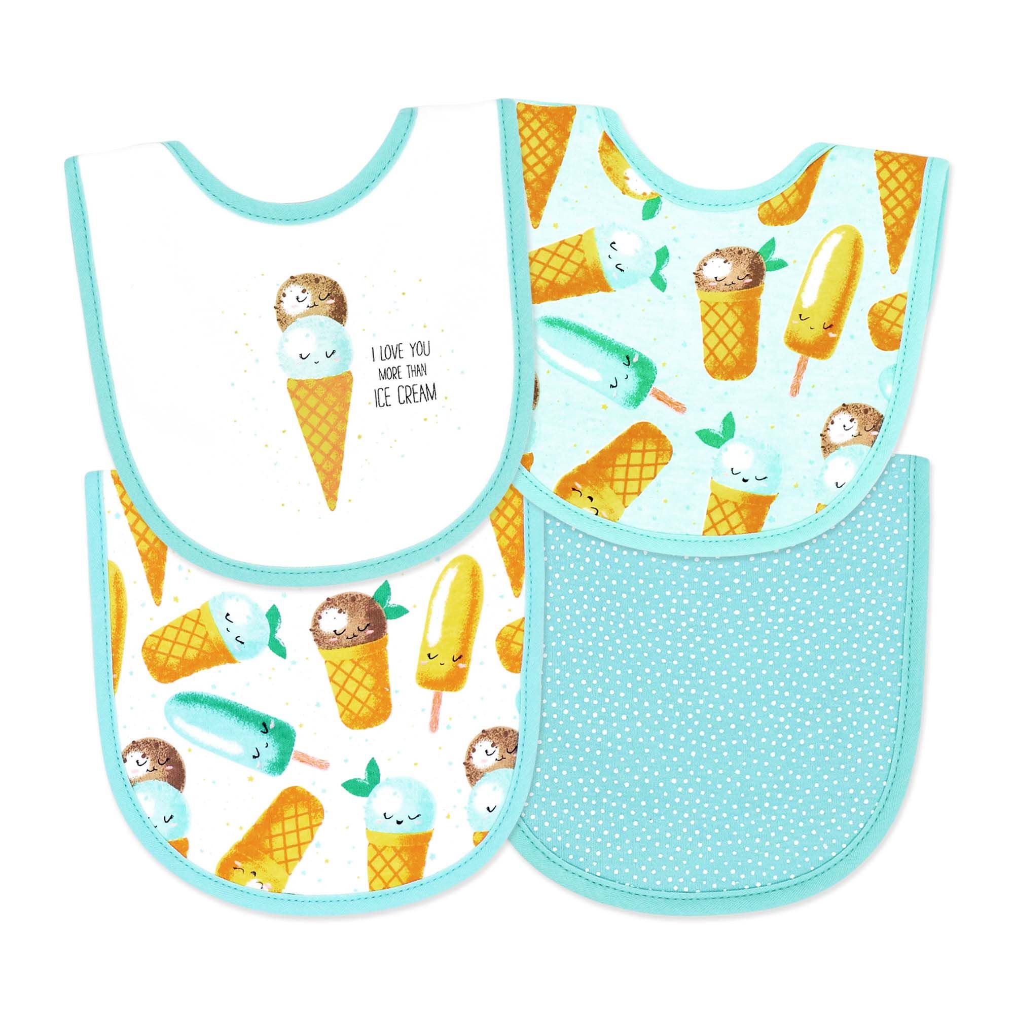 Ice Cream Baby Bibs 4-Pack – Soft Cotton Blend Terry Back Feeding Bib Set
