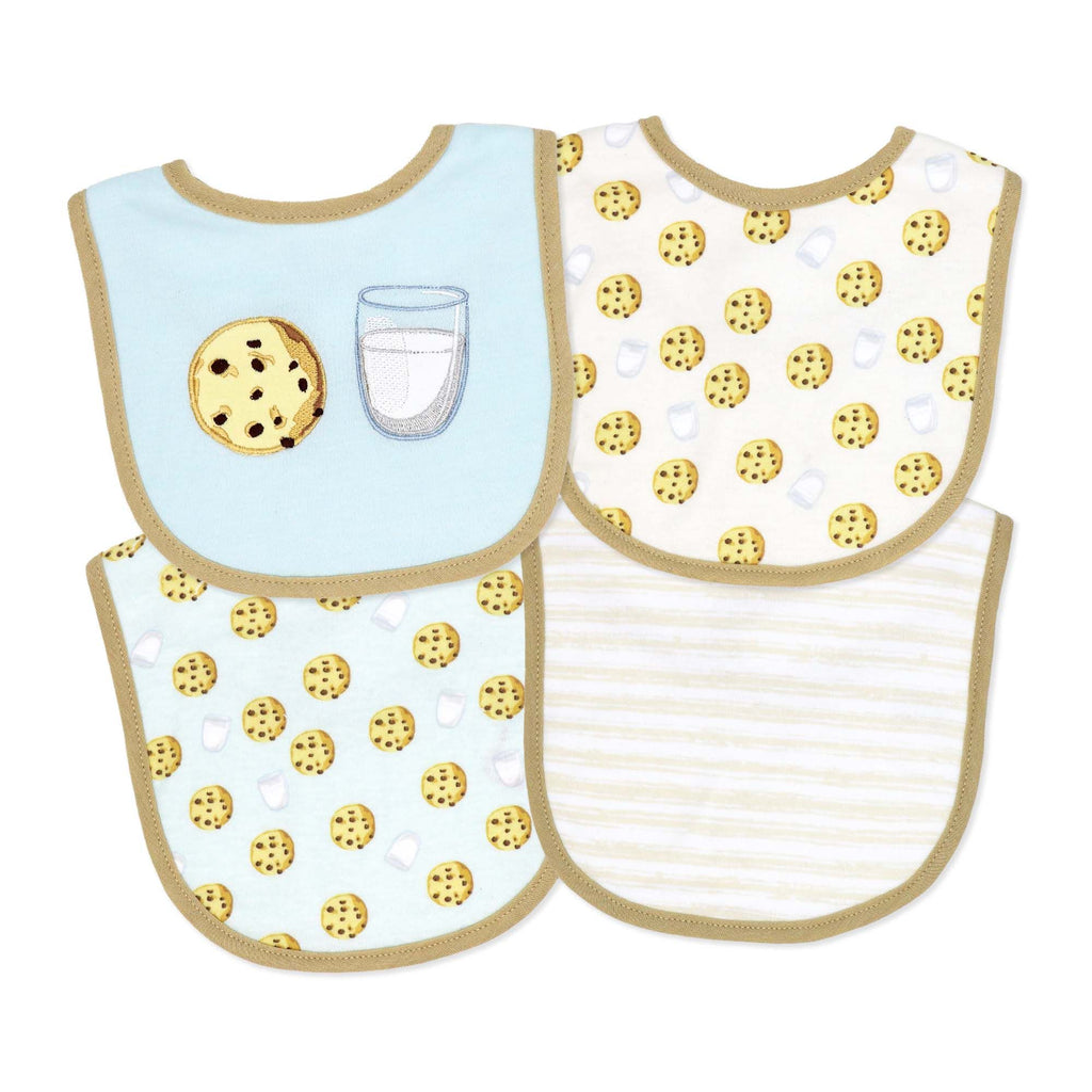 Milk & Cookies Baby Bibs 4-Pack – Soft Cotton Blend Front with Terry Backing