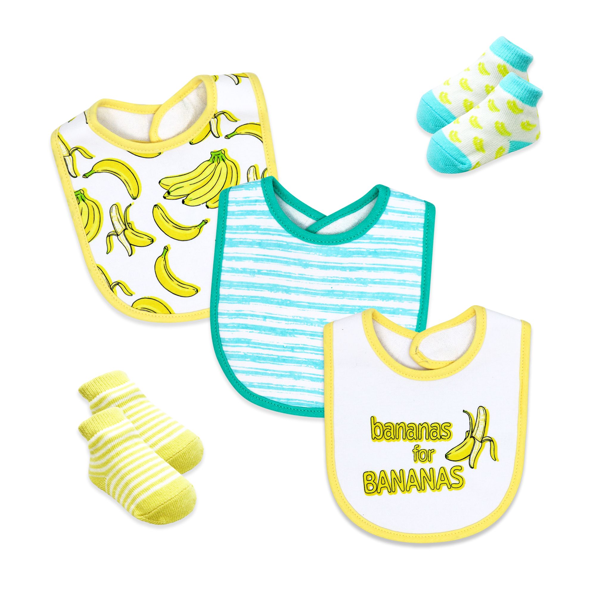 Banana Print Baby Bibs & Socks Set – 3 Bibs + 2 Pairs Socks, Soft Cotton Blend