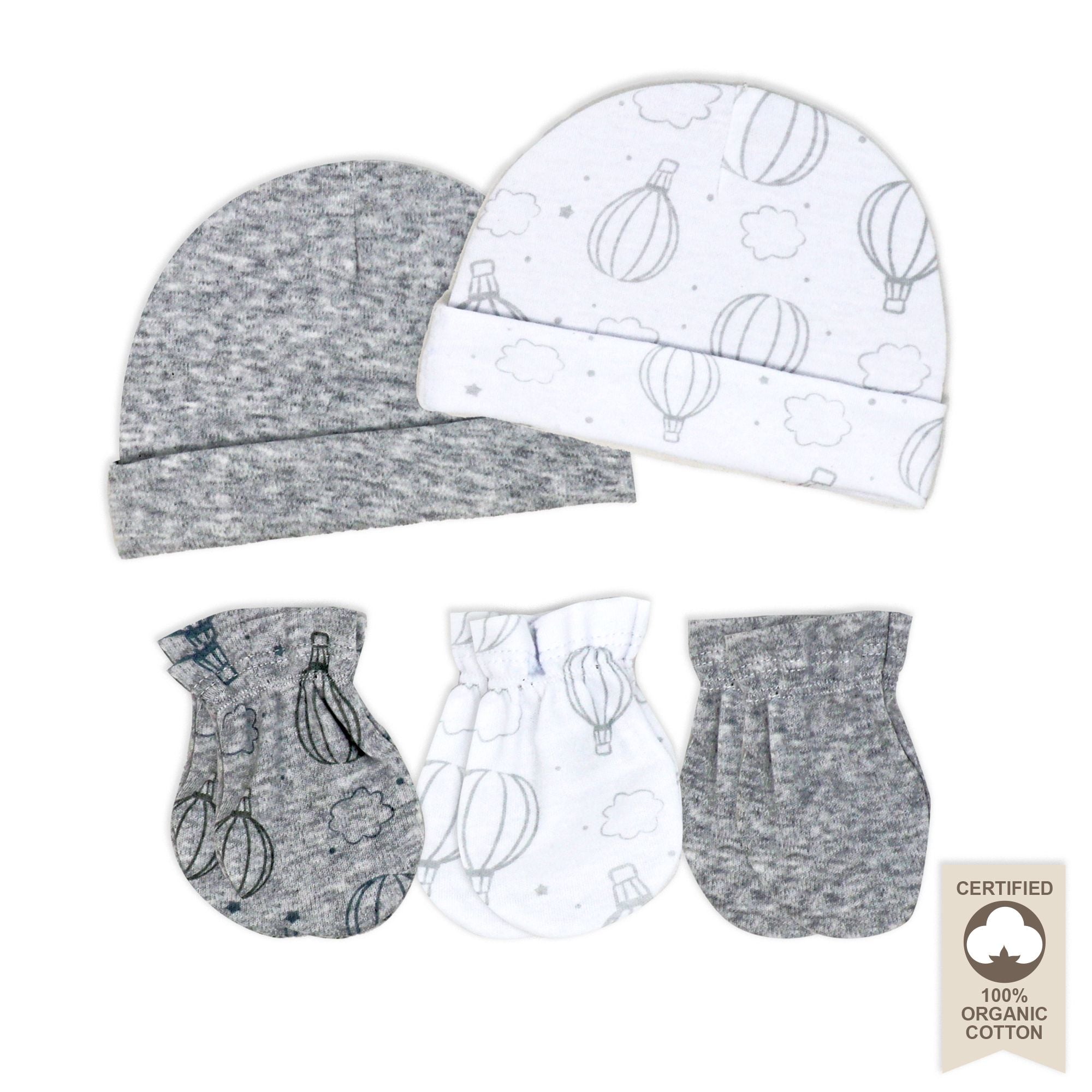 100% Organic Cotton Baby Hats & Mittens Set 0–6M – 2 Caps + 3 Scratch Mitts
