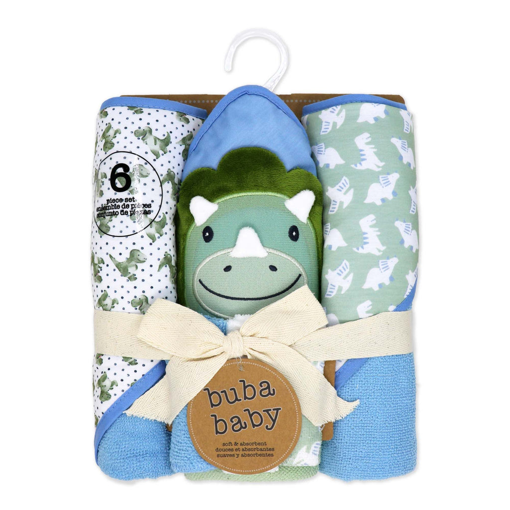 6-Piece Blue Dino Baby Bath Set – 3 Hooded Towels & 3 Washcloths, 100% Polyester