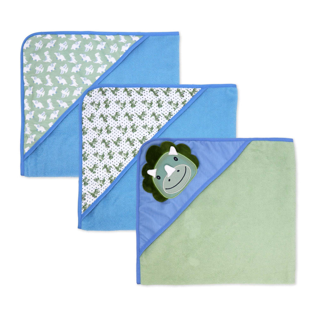 6-Piece Blue Dino Baby Bath Set – 3 Hooded Towels & 3 Washcloths, 100% Polyester