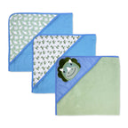 6-Piece Blue Dino Baby Bath Set – 3 Hooded Towels & 3 Washcloths, 100% Polyester