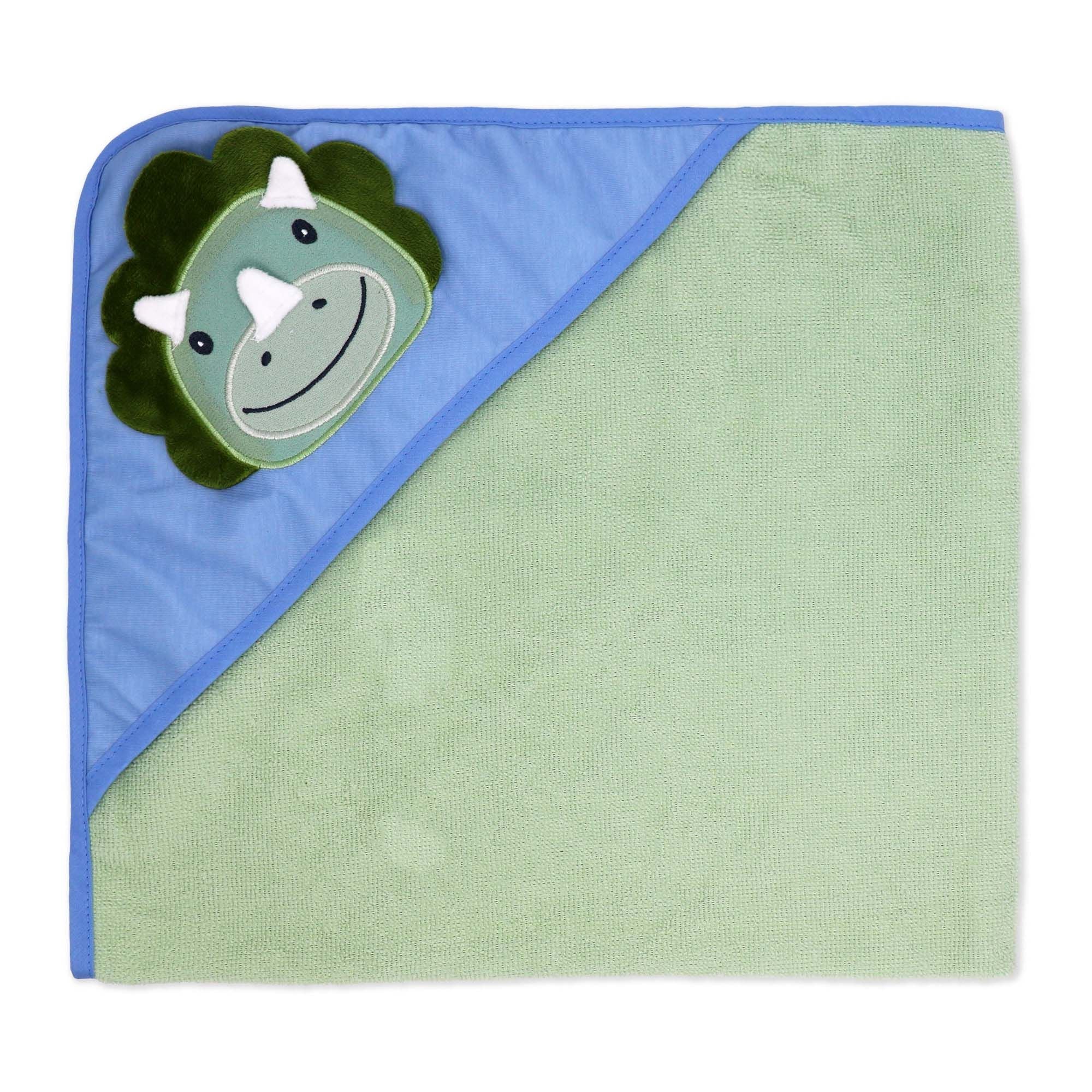 6-Piece Blue Dino Baby Bath Set – 3 Hooded Towels & 3 Washcloths, 100% Polyester