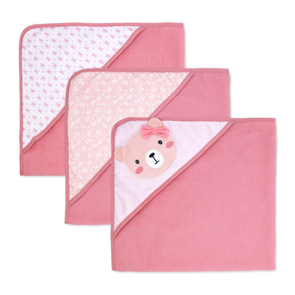 6-Piece Pink Bear Baby Bath Set – 3 Hooded Towels & 3 Washcloths, 100% Polyester