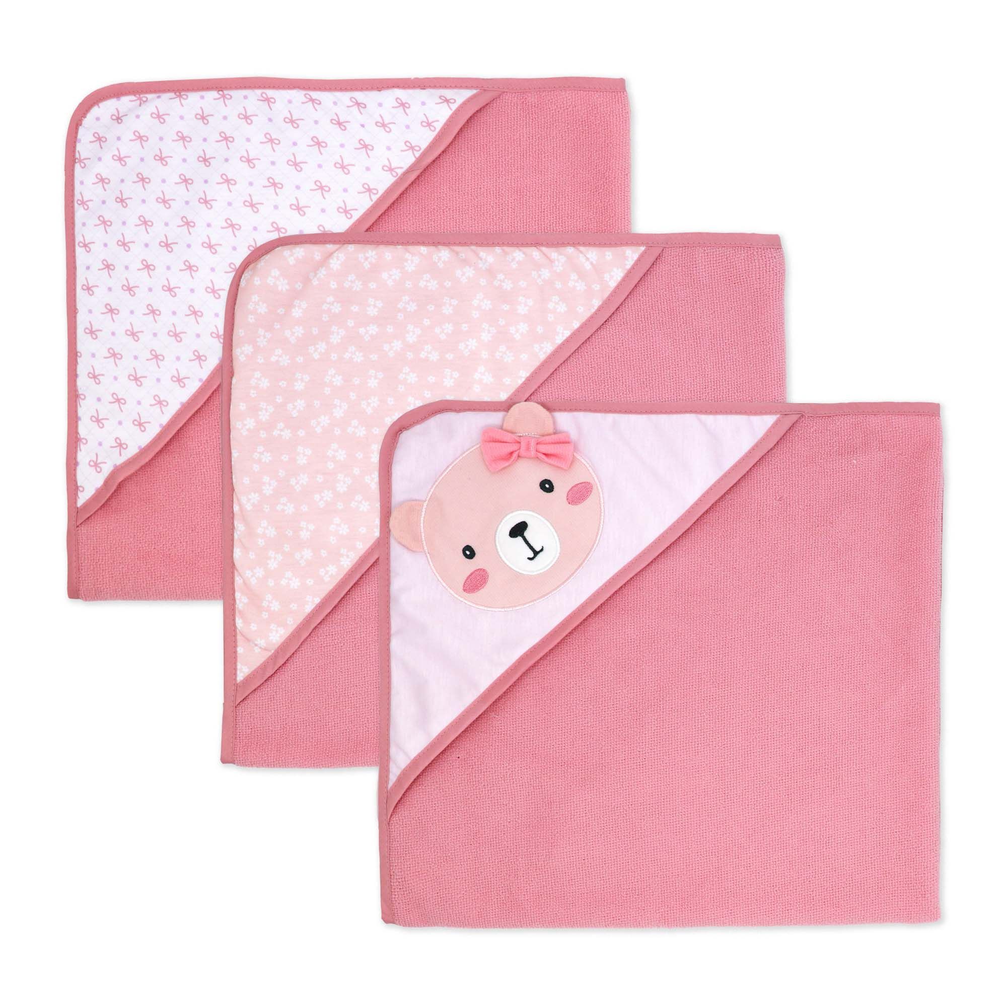 6-Piece Pink Bear Baby Bath Set – 3 Hooded Towels & 3 Washcloths, 100% Polyester