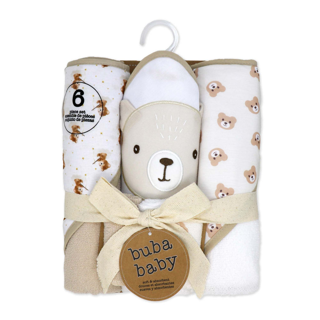 6-Piece Tan Teddy Baby Bath Set – 3 Hooded Towels & 3 Washcloths, 100% Polyester