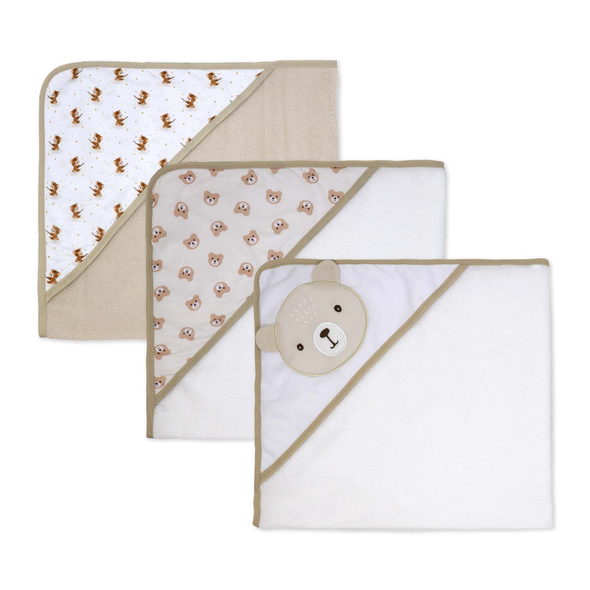 6-Piece Tan Teddy Baby Bath Set – 3 Hooded Towels & 3 Washcloths, 100% Polyester