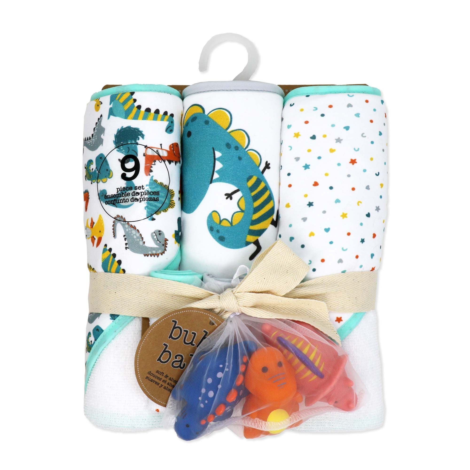 Dinosaur Baby Bath Set – 100% Polyester Hooded Towel, Washcloths & BPA-Free Bath Toys