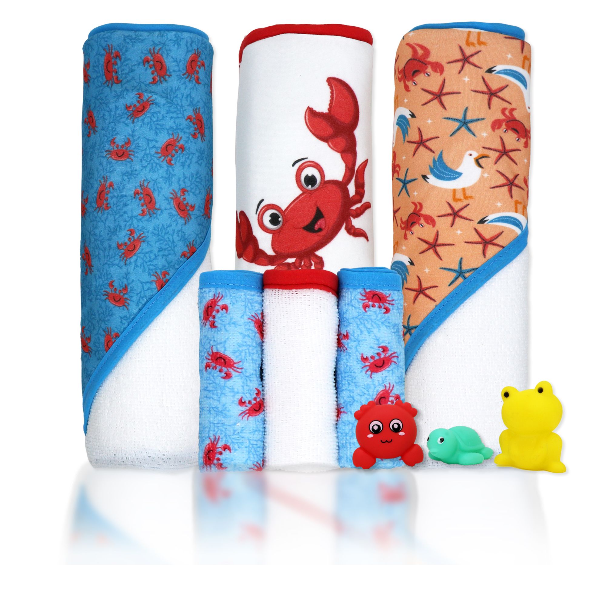 Crab Baby Bath Set – 100% Polyester Hooded Towel, Washcloths & BPA-Free Bath Toys