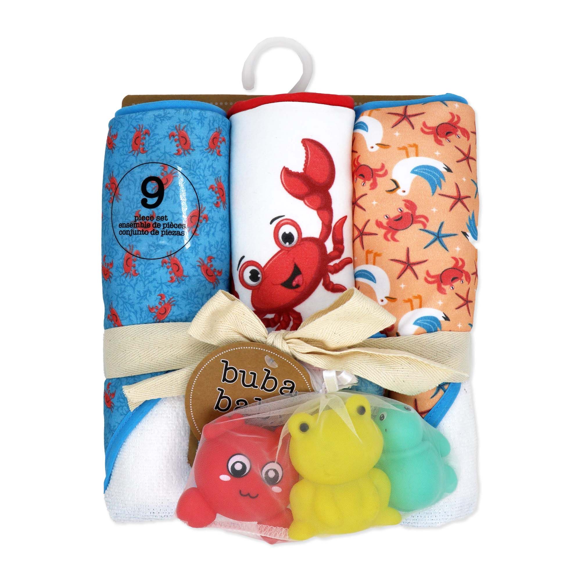 Crab Baby Bath Set – 100% Polyester Hooded Towel, Washcloths & BPA-Free Bath Toys