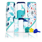 Whale Baby Bath Set – 100% Polyester Hooded Towel, Washcloths & BPA-Free Bath Toys