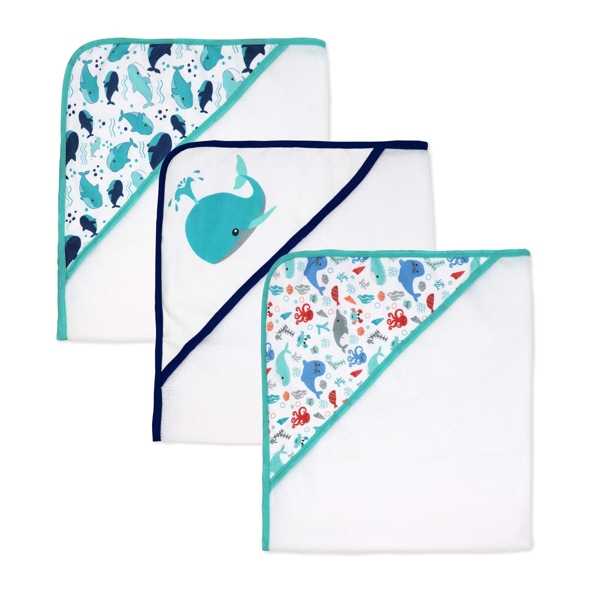 Whale Baby Bath Set – 100% Polyester Hooded Towel, Washcloths & BPA-Free Bath Toys