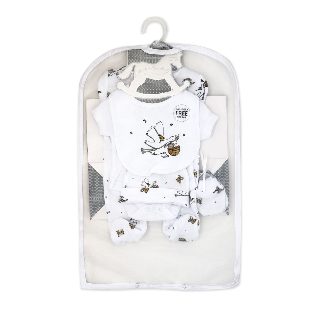 Stork Print 5 Piece Baby Layette Gift Set – 100% Cotton