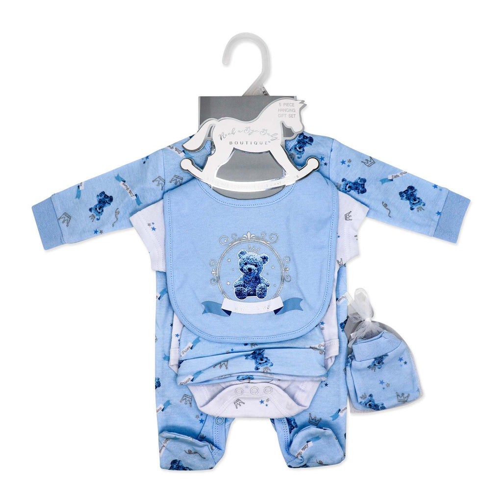 Blue Teddy Bear 5 Piece Baby Layette Gift Set – 100% Cotton