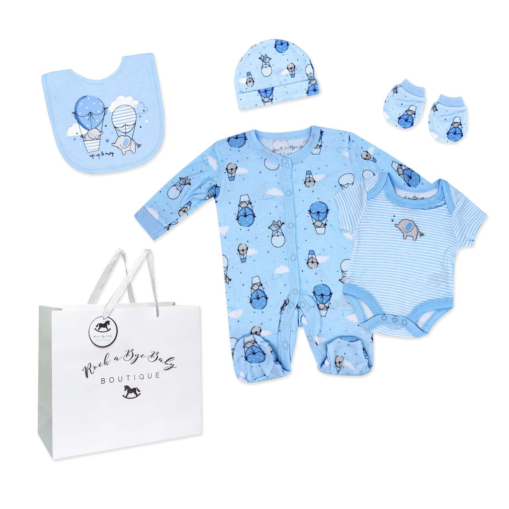 Blue Balloon 5 Piece Baby Layette Gift Set – 100% Cotton