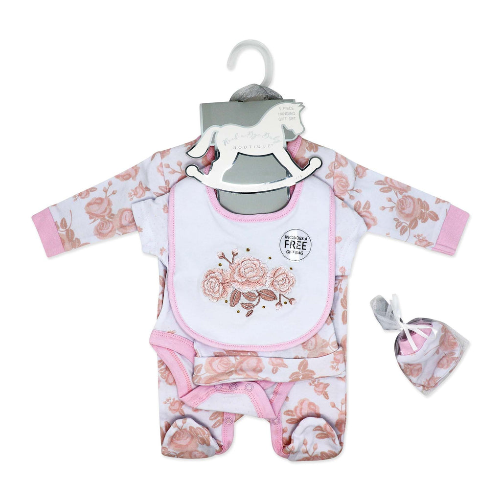 Pink Rose 5 Piece Baby Girl Layette Gift Set – 100% Cotton