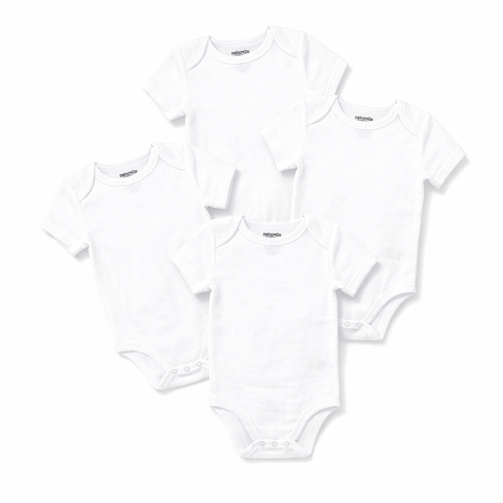 4 Pack White Baby Bodysuits – 100% Cotton
