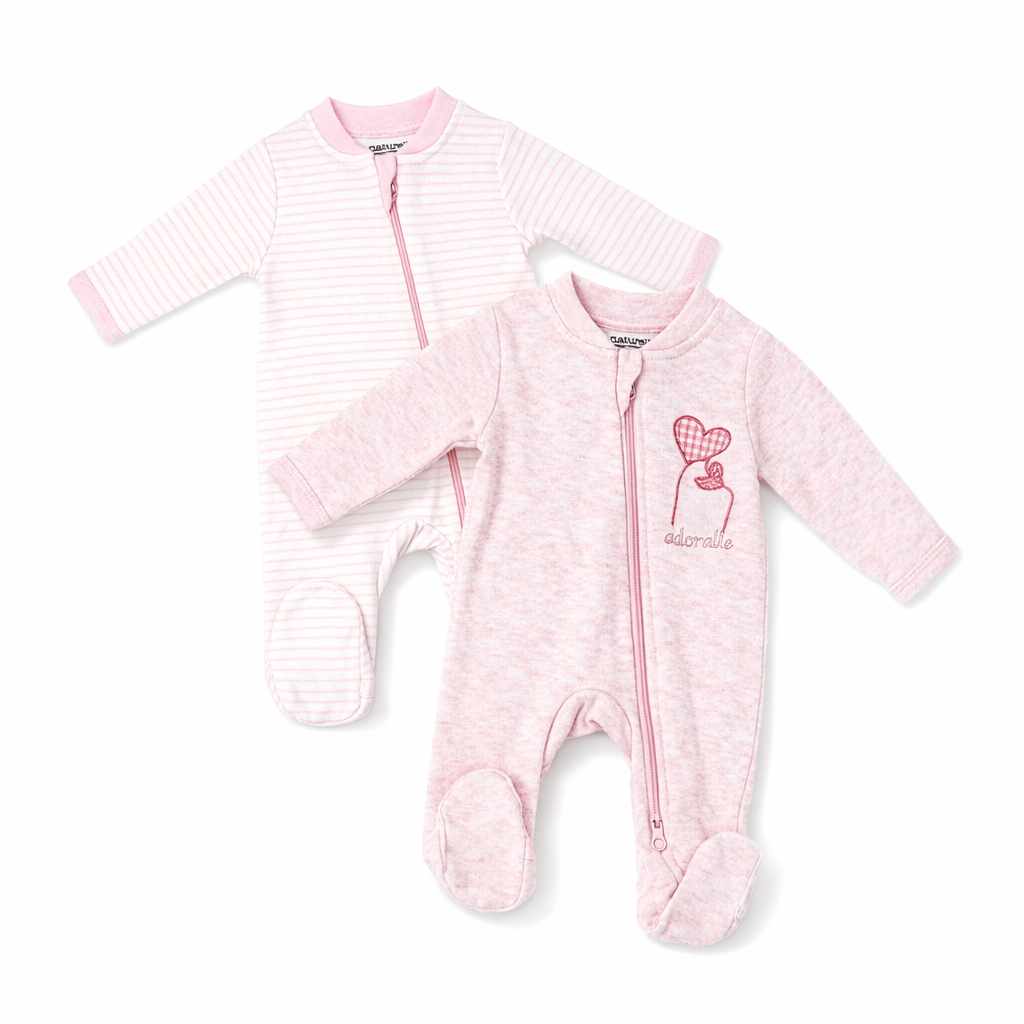 2 Pack Pink Zip Baby Sleepers – 100% Cotton