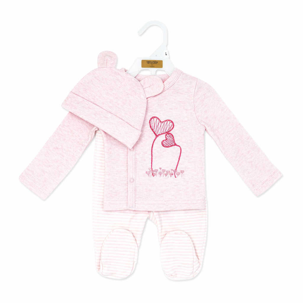3 Piece Pink Heart Baby Outfit Set – 100% Cotton