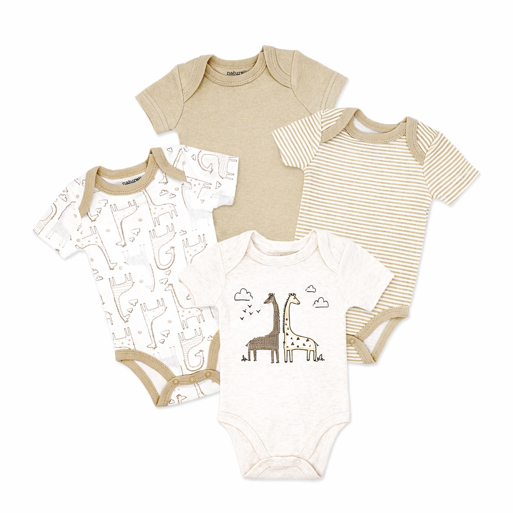 4 Pack Neutral Giraffe Baby Bodysuits – 100% Cotton