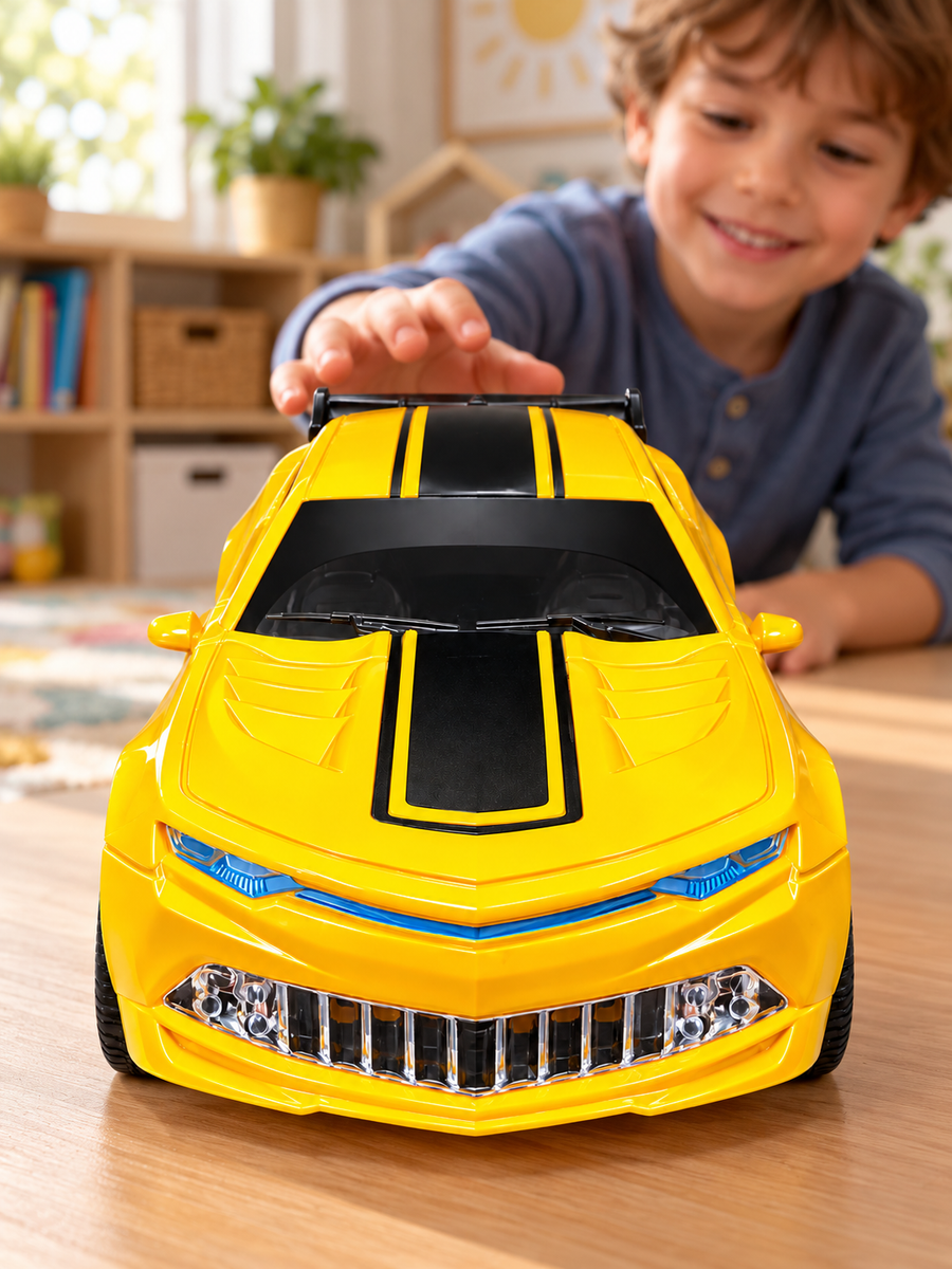 Transforming Robot Sports Car Toy – 2-in-1 Yellow Robot Car with Lights &amp; Sound (3+ Years)
