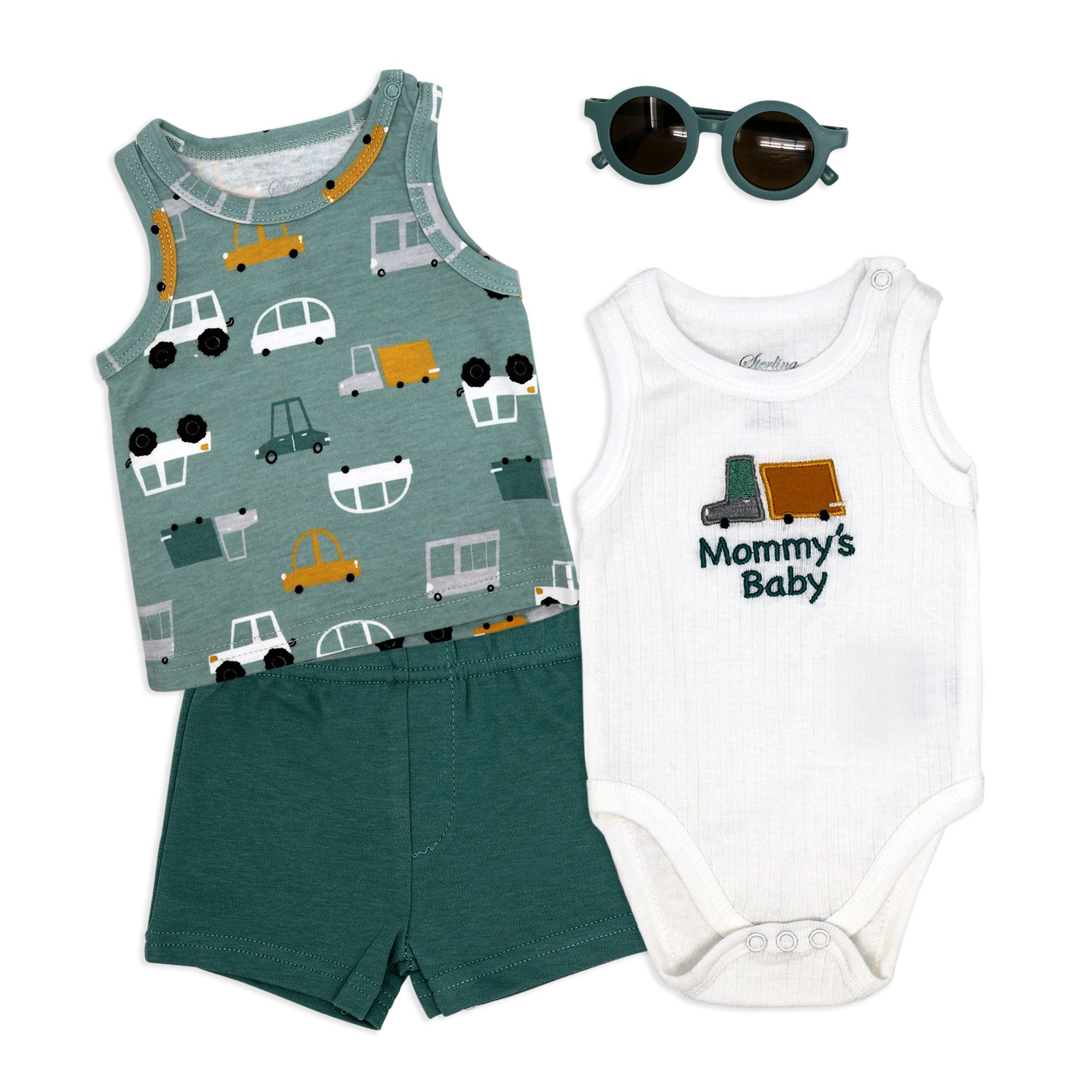 Car Print 4 Piece Baby Summer Outfit Set with Sunglasses