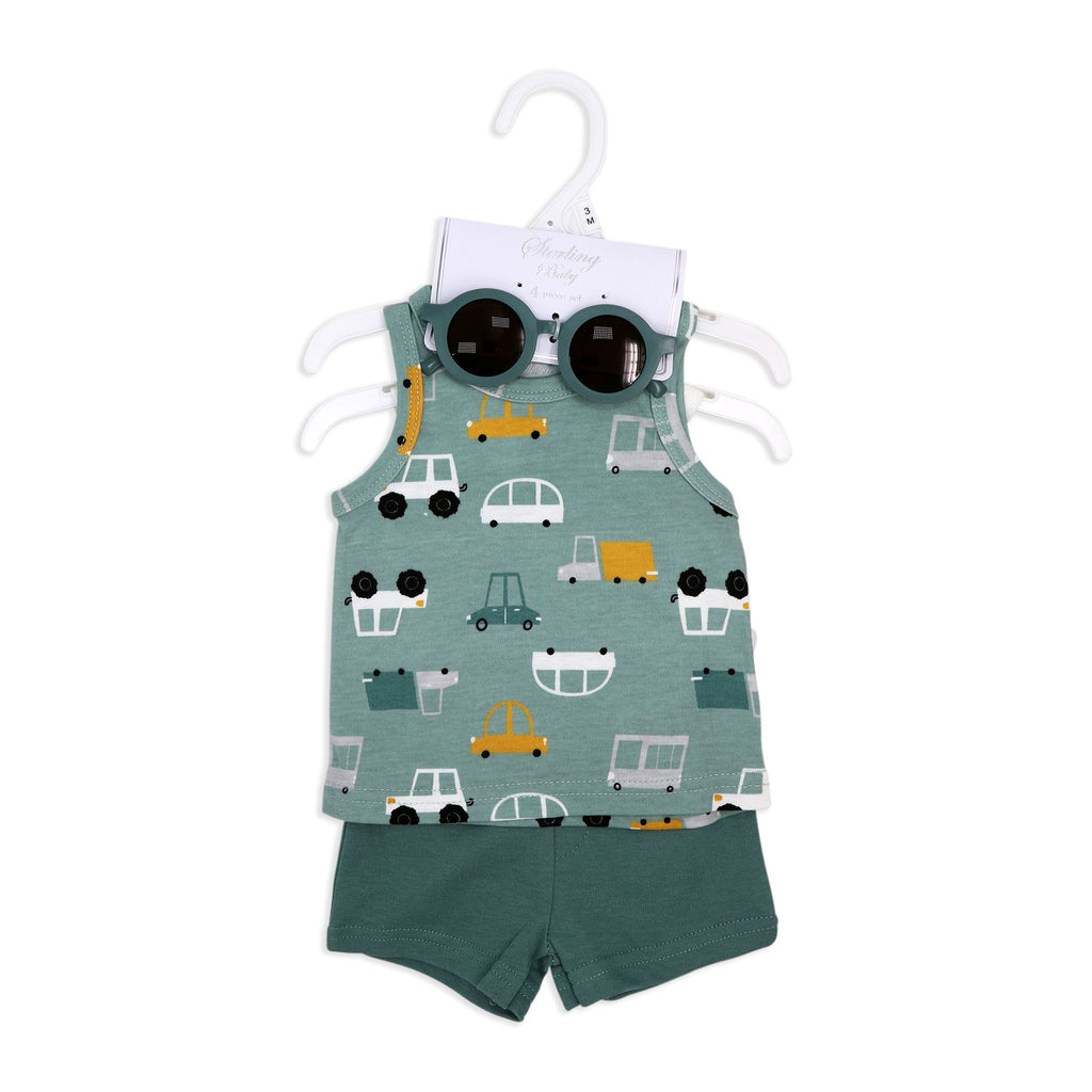 Car Print 4 Piece Baby Summer Outfit Set with Sunglasses