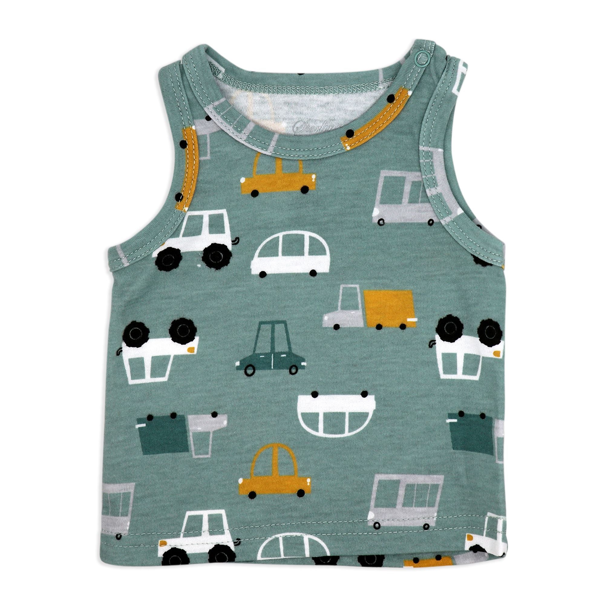 Car Print 4 Piece Baby Summer Outfit Set with Sunglasses