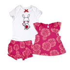 3 Piece Bunny & Floral Baby Girl Dress Set – Bodysuit, Top & Shorts