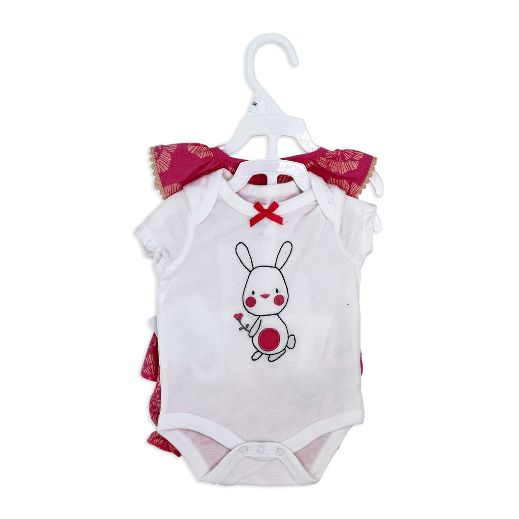 3 Piece Bunny & Floral Baby Girl Dress Set – Bodysuit, Top & Shorts