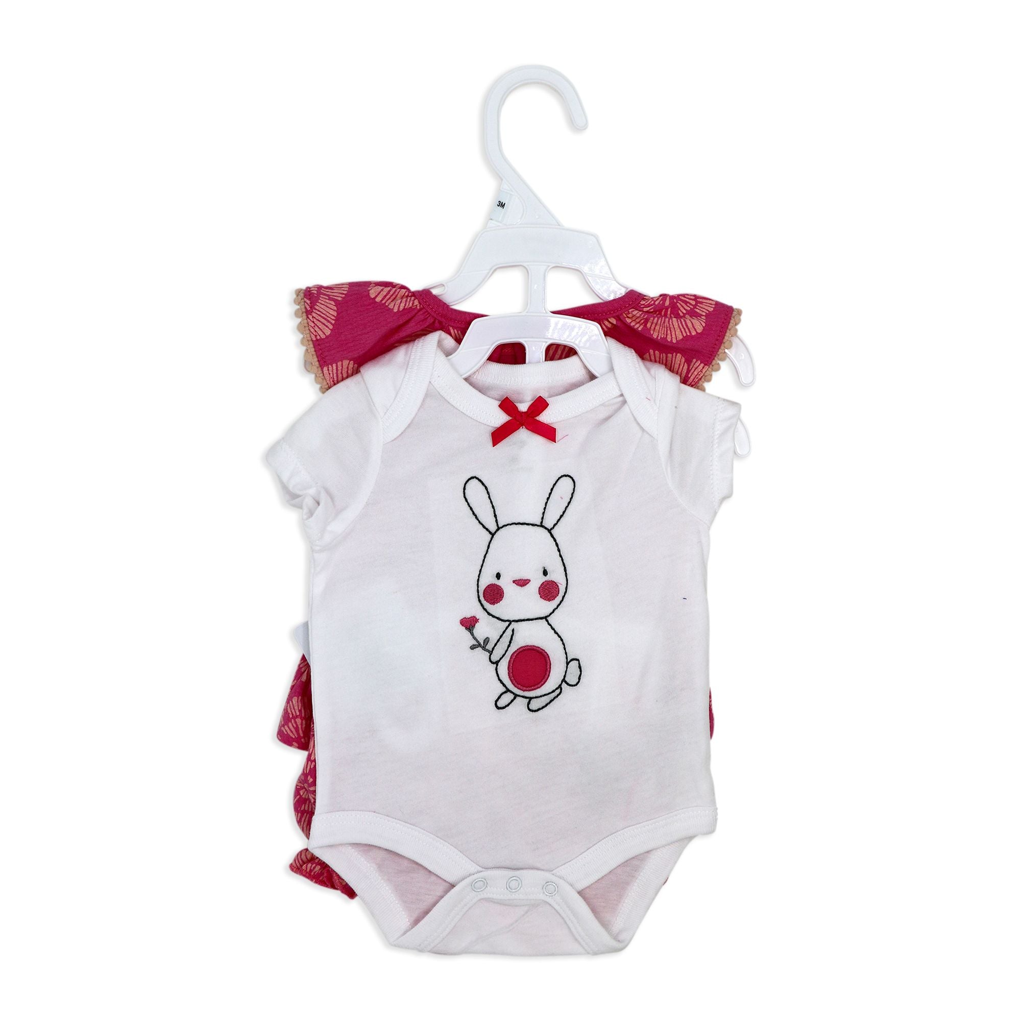 3 Piece Bunny & Floral Baby Girl Dress Set – Bodysuit, Top & Shorts