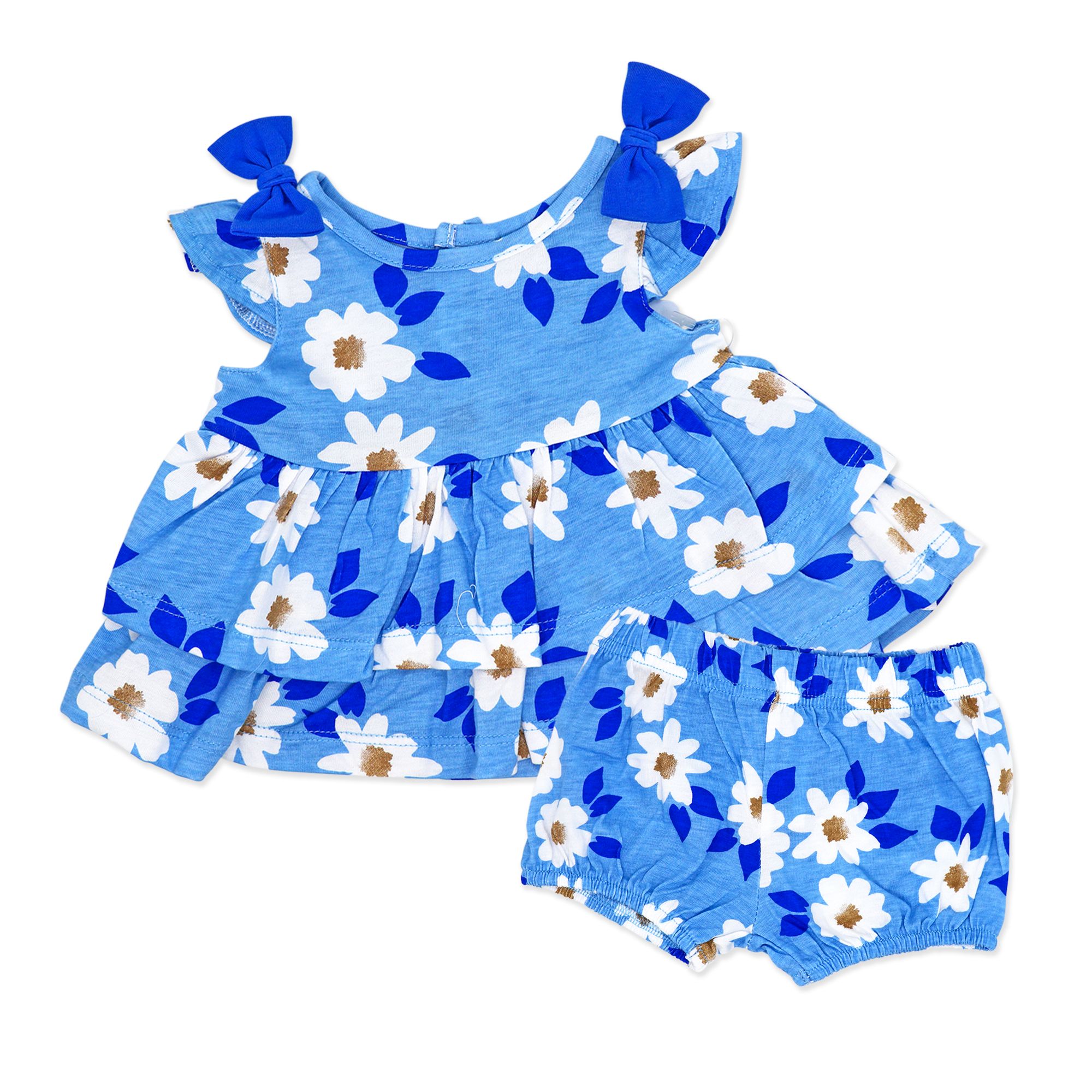 Blue Floral Poplin Tier Dress & Bloomers Set – Baby Girls